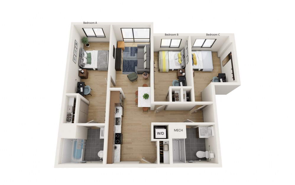 3C - 3 bedroom floorplan layout with 2 baths