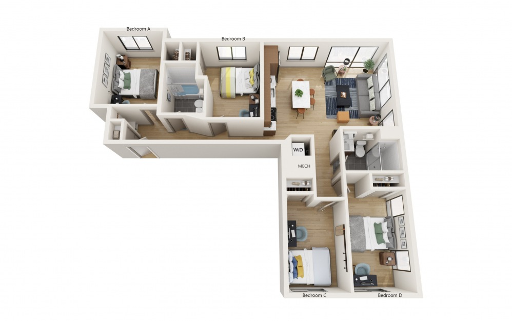 4A - 4 bedroom floorplan layout with 2 baths