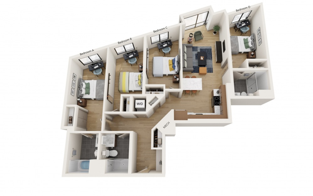 4C - 4 bedroom floorplan layout with 3 baths