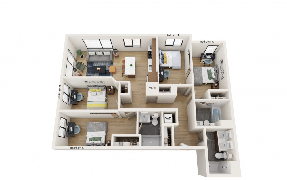4F - 4 bedroom floorplan layout with 3 baths