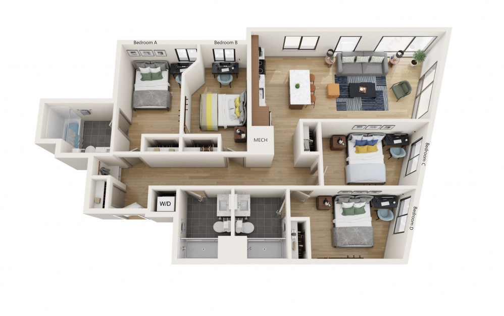 4H - 4 bedroom floorplan layout with 3 baths