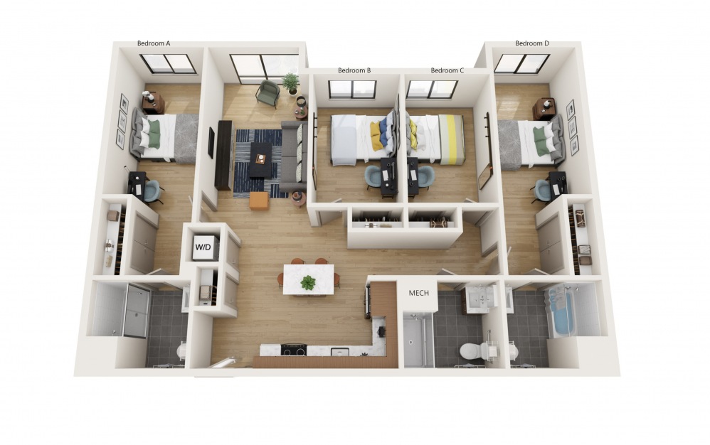 4J - 4 bedroom floorplan layout with 3 baths
